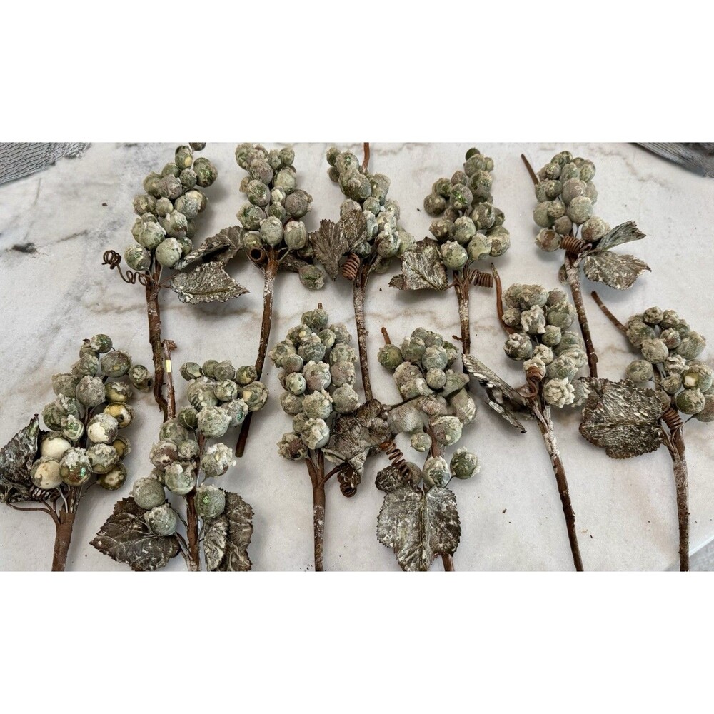 Beautiful setLot of 11 Vintage Rustic Frosted Green Grape & Leaf Christmas Picks
